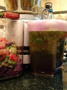 Juicing the Veg. Gotta love the purple cabbage foam!